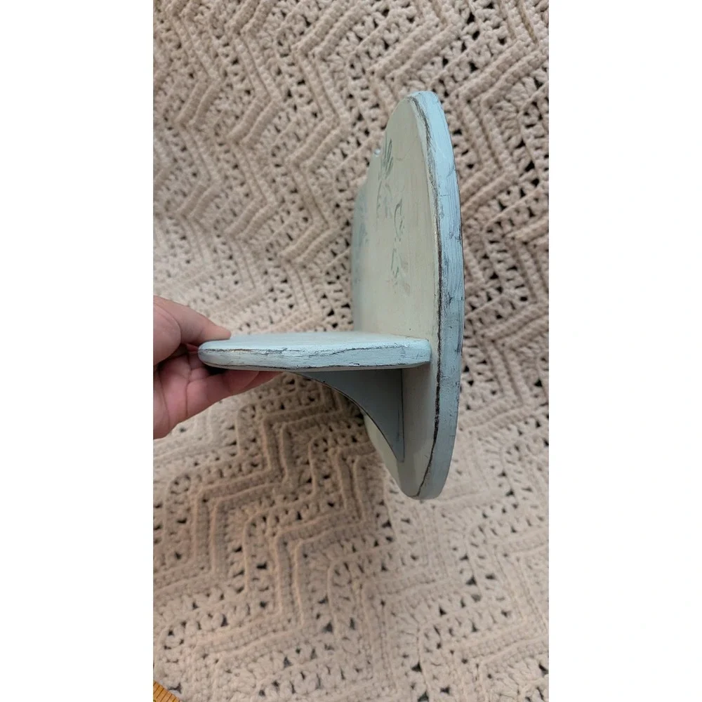 Vintage Handcrafted Light Blue Wood Wall Shelf Floral Carved Distressed 12.5in